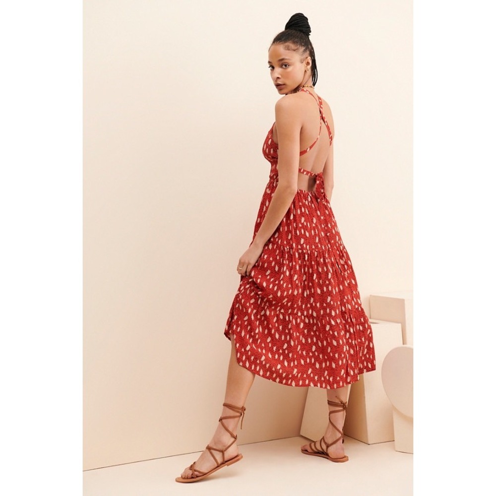 Beachgold Bali Red Abstract Print Open Back Tiered Midi Dress S yy